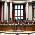 **Image:** A visual representation of the separation of powers in the German government, showcasing the legislative (Bundestag), executive (Chancellor's office), and judicial (Bundesverfassungsgericht) branches working independently yet interdependently. The scene should evoke a sense of balance and checks and balances, symbolizing Locke's influence on modern democratic systems.