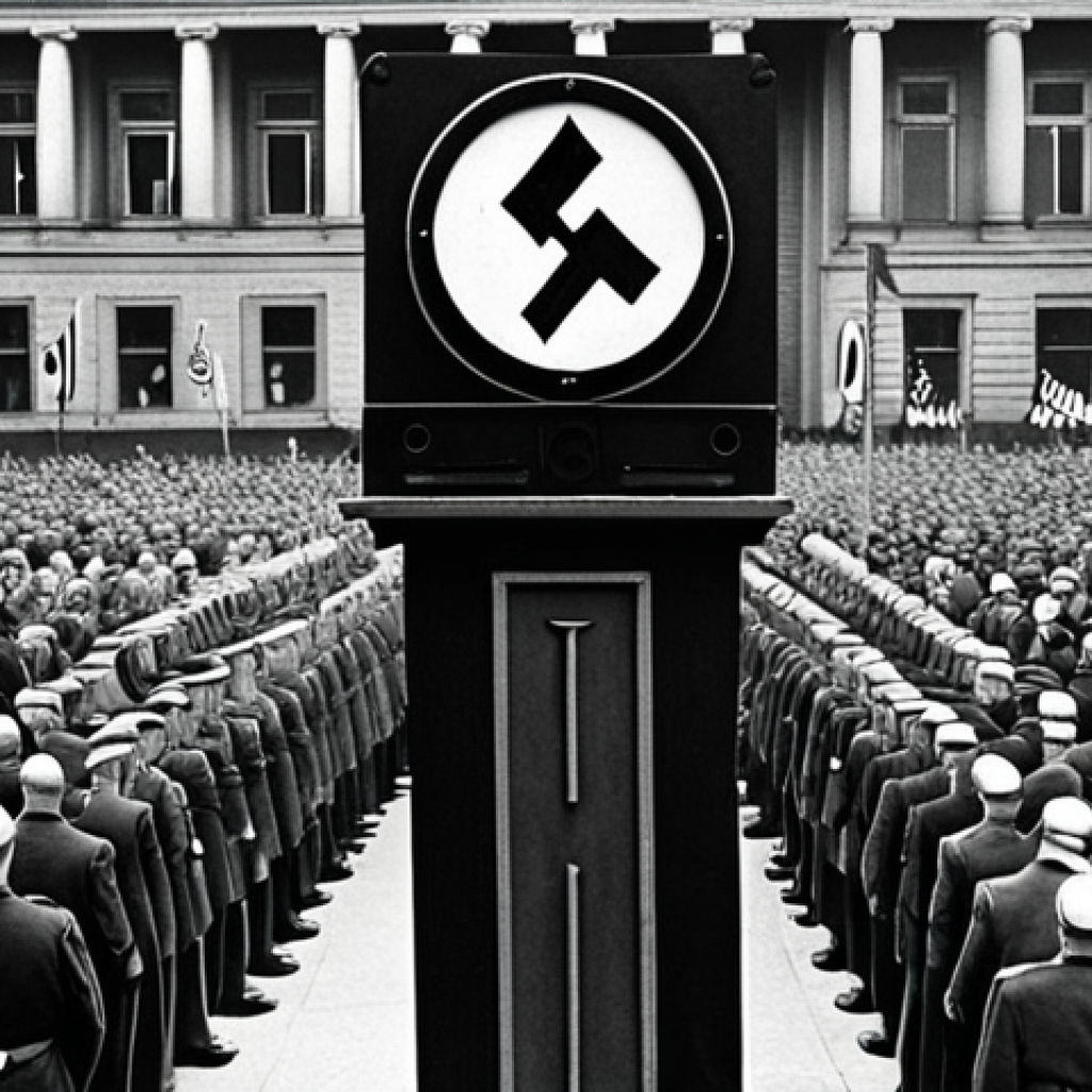 A historical reenactment photograph of a Nazi-era propaganda rally in Berlin, Germany. The image should show a crowd of people with swastika flags, focused on a speaker at a podium. The scene should evoke a sense of manipulation and mass hysteria, reflecting the power of propaganda during the Nazi regime. Use a style reminiscent of historical black and white photography, but with hints of color to emphasize the chilling reality.