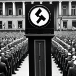 A historical reenactment photograph of a Nazi-era propaganda rally in Berlin, Germany. The image should show a crowd of people with swastika flags, focused on a speaker at a podium. The scene should evoke a sense of manipulation and mass hysteria, reflecting the power of propaganda during the Nazi regime. Use a style reminiscent of historical black and white photography, but with hints of color to emphasize the chilling reality.