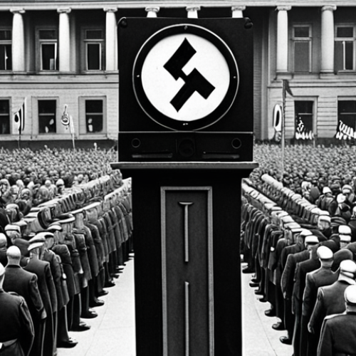 Home 14 A historical reenactment photograph of a Nazi-era propaganda rally in Berlin, Germany. The image should show a crowd of people with swastika flags, focused on a speaker at a podium. The scene should evoke a sense of manipulation and mass hysteria, reflecting the power of propaganda during the Nazi regime. Use a style reminiscent of historical black and white photography, but with hints of color to emphasize the chilling reality.