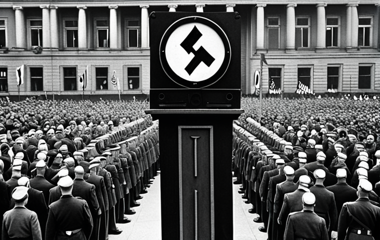 A historical reenactment photograph of a Nazi-era propaganda rally in Berlin, Germany. The image should show a crowd of people with swastika flags, focused on a speaker at a podium. The scene should evoke a sense of manipulation and mass hysteria, reflecting the power of propaganda during the Nazi regime. Use a style reminiscent of historical black and white photography, but with hints of color to emphasize the chilling reality.