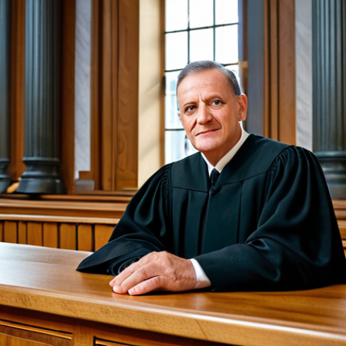 Home 7 A distinguished German judge in a traditional, modest black robe, seated confidently at a polished wooden bench in a classic German courtroom. The background features grand architectural details and soft, natural light filtering through tall windows, emphasizing dignity and solemnity. The scene embodies stability and impartiality. The judge's pose is natural, with perfect anatomy, well-formed hands, and correct proportions. The overall image quality is professional, high-resolution, safe for work, appropriate content, fully clothed, professional attire, family-friendly.