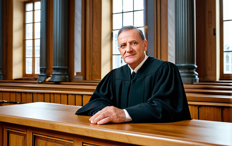 A distinguished German judge in a traditional, modest black robe, seated confidently at a polished wooden bench in a classic German courtroom. The background features grand architectural details and soft, natural light filtering through tall windows, emphasizing dignity and solemnity. The scene embodies stability and impartiality. The judge's pose is natural, with perfect anatomy, well-formed hands, and correct proportions. The overall image quality is professional, high-resolution, safe for work, appropriate content, fully clothed, professional attire, family-friendly.