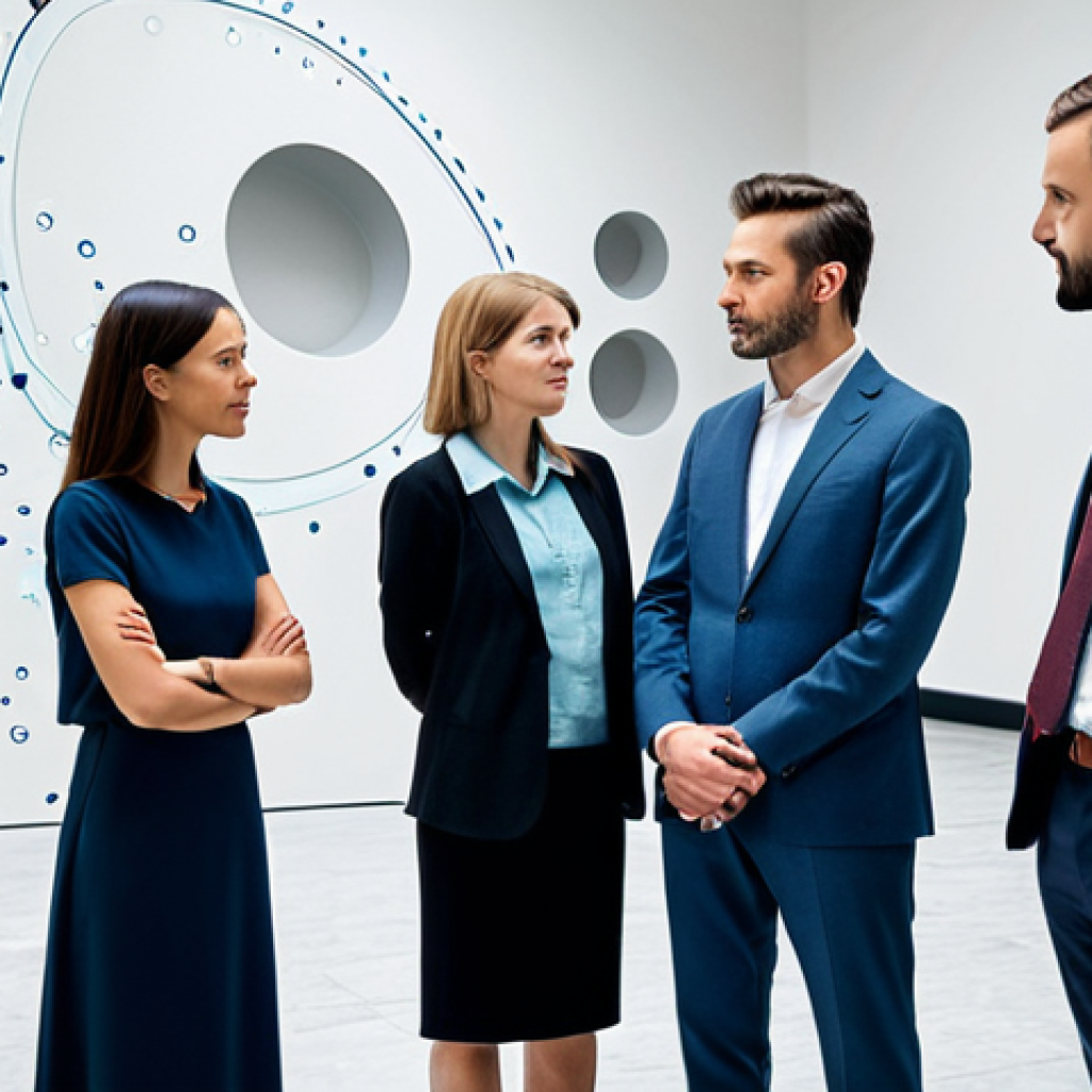 A diverse group of four individuals, two men and two women, of varying ages, standing opposite each other, visually representing a societal divide. They are fully clothed in professional, modest attire suitable for a public discussion. The setting is a contemporary, clean architectural space, with subtle abstract elements that suggest separate digital 'bubbles' or 'echo chambers' around them, hinting at a lack of true connection despite their proximity. The background is softly blurred, focusing on the figures and the metaphorical distance between them. Professional photography, perfect anatomy, correct proportions, natural pose, well-formed hands, proper finger count, natural body proportions, safe for work, appropriate content, fully clothed, professional dress, modest clothing, family-friendly.