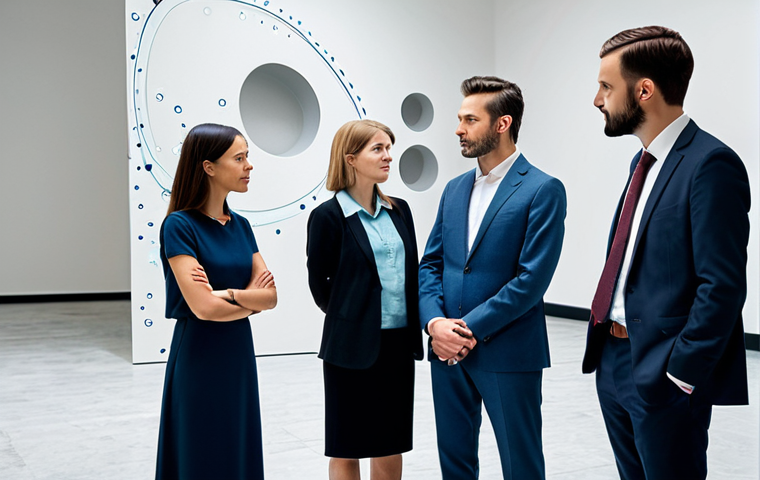 A diverse group of four individuals, two men and two women, of varying ages, standing opposite each other, visually representing a societal divide. They are fully clothed in professional, modest attire suitable for a public discussion. The setting is a contemporary, clean architectural space, with subtle abstract elements that suggest separate digital 'bubbles' or 'echo chambers' around them, hinting at a lack of true connection despite their proximity. The background is softly blurred, focusing on the figures and the metaphorical distance between them. Professional photography, perfect anatomy, correct proportions, natural pose, well-formed hands, proper finger count, natural body proportions, safe for work, appropriate content, fully clothed, professional dress, modest clothing, family-friendly.