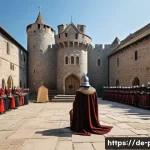 Home 22 중세 봉건제와 정치 - A detailed medieval castle courtyard scene during a solemn knighting ceremony: a young noble page kn...