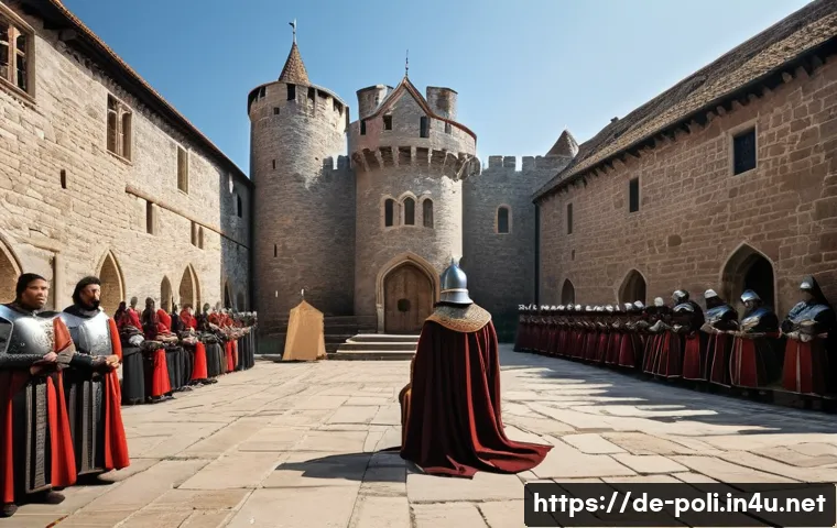 중세 봉건제와 정치 - A detailed medieval castle courtyard scene during a solemn knighting ceremony: a young noble page kn...