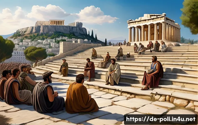민주주의 역사 - A detailed, historically accurate scene of an ancient Athenian assembly in the 5th century BCE, show...