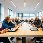 Home 19 시민사회와 참여 민주주의 - A diverse group of German citizens of various ages and backgrounds gathered around a modern communit...