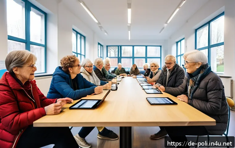시민사회와 참여 민주주의 - A diverse group of German citizens of various ages and backgrounds gathered around a modern communit...