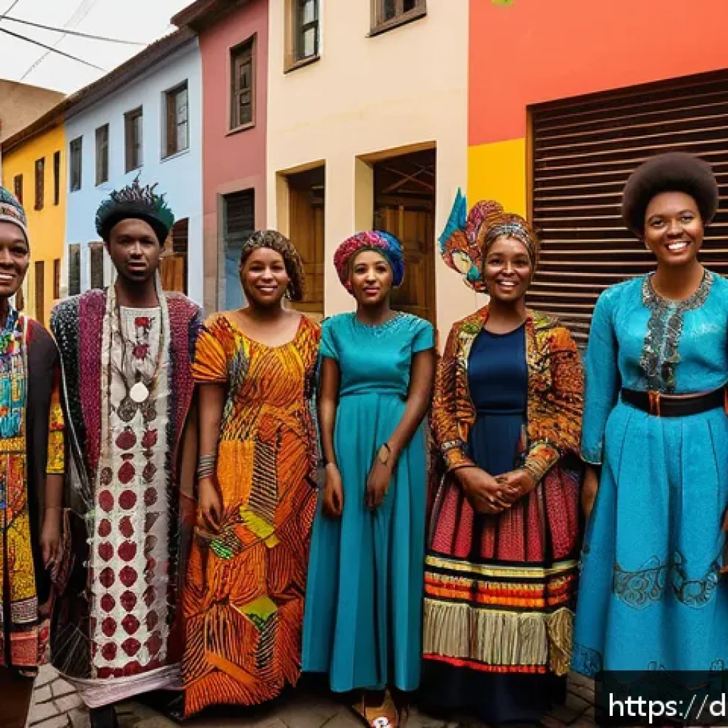 제국주의와 탈식민주의 - A vibrant street scene in a modern African city showing a diverse group of young adults engaged in a...