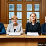 Home 23 젠더와 정치 참여 - A diverse group of German politicians in a modern, bright city council chamber, including women, men...