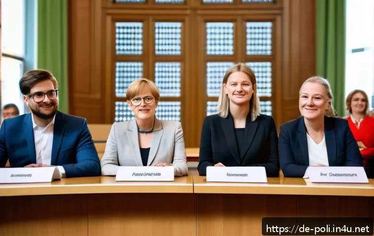 젠더와 정치 참여 - A diverse group of German politicians in a modern, bright city council chamber, including women, men...