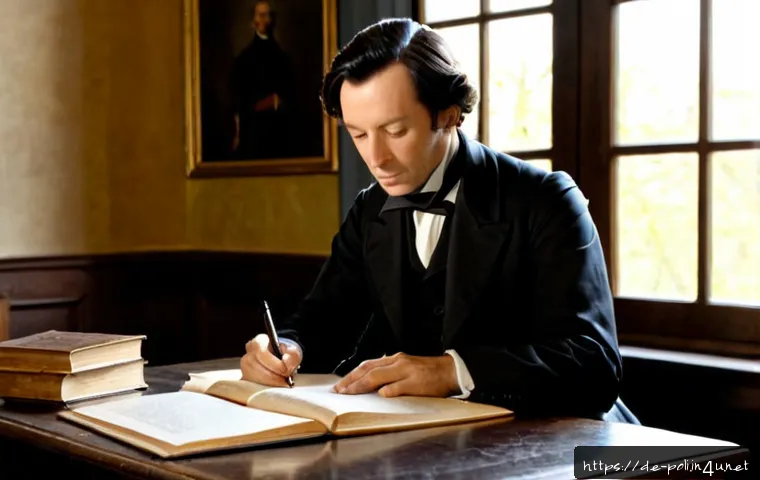 토크빌과 미국 민주주의 - Photorealistic historical study scene of Alexis de Tocqueville in 19th-century formal attire writing...